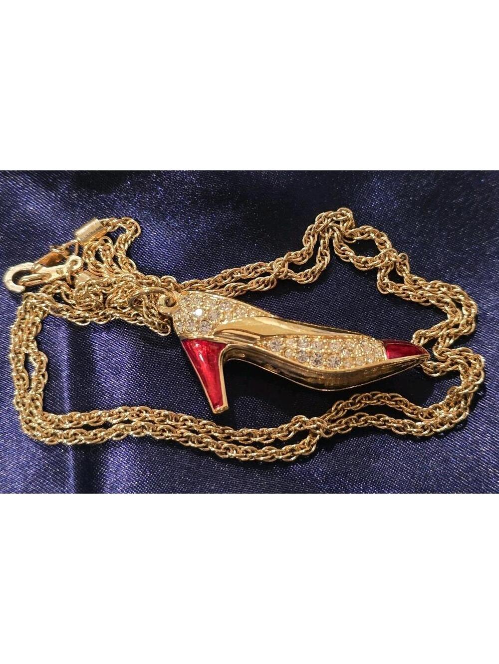 Vtg Swarovski Crystal & Red Enamel High Heel Shoe  24" Chain Retired 18KGP - Picture 2 of 5